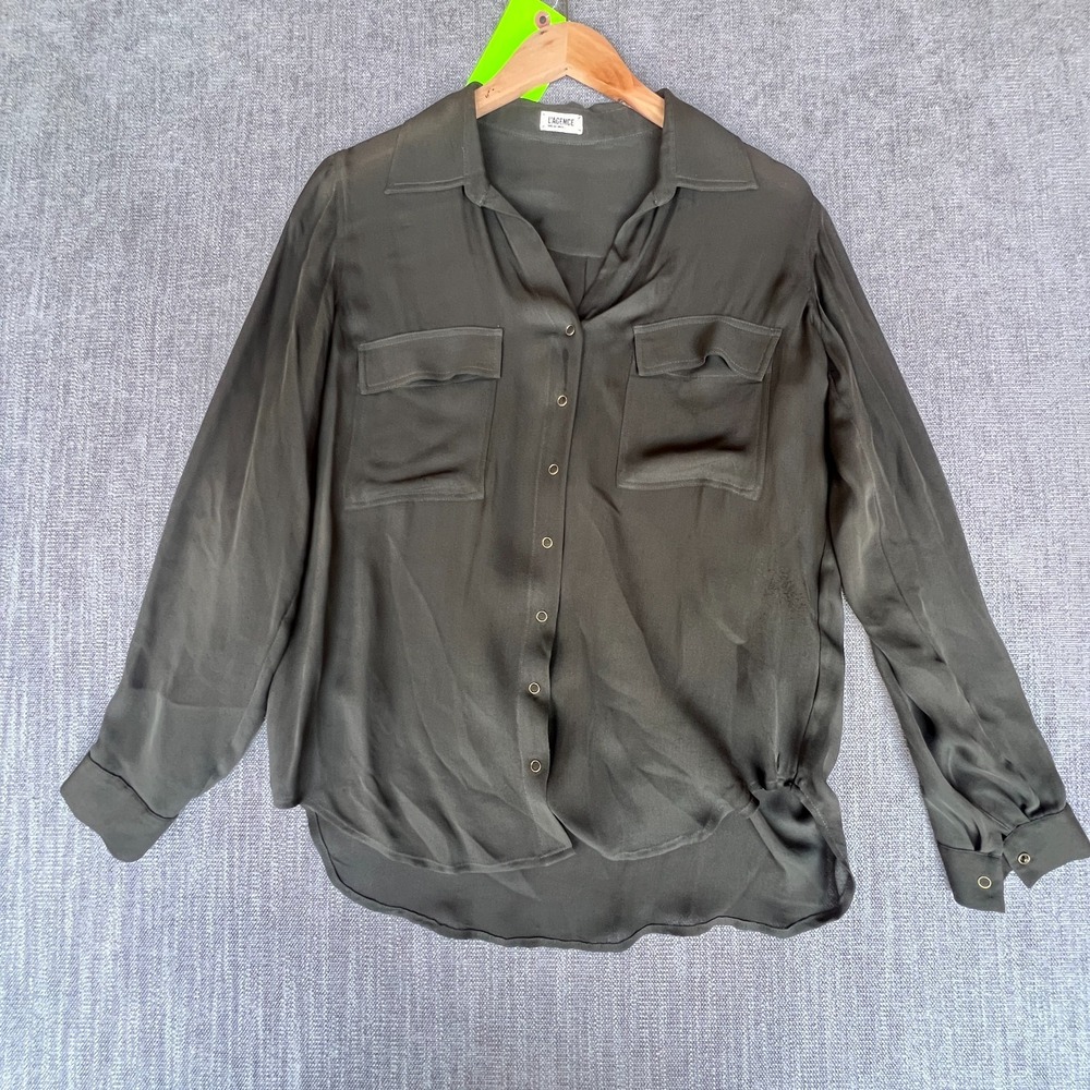 L'AGENCE Shirt Top Womens 0 Green Silk Chest Pocket High Low Hem Boho Snap Front